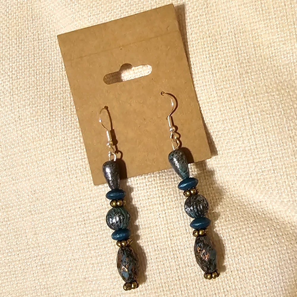 NEW- Hand Crafted Turquoise & Gold Beaded Drop Earrings